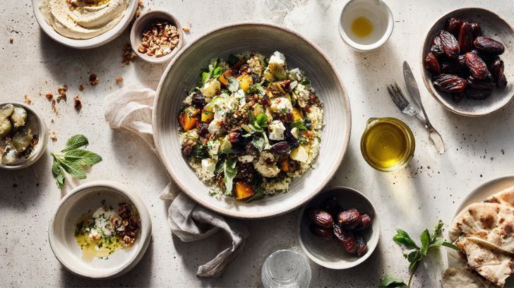 Modern Midden-Oosters gerecht geserveerd in een grote schaal op een koelgetinte, lichtgekleurde stenen ondergrond. Het hoofdgerecht is een kleurrijke een mezze-achtige schaal met geroosterde groenten, verse kruiden en gerooste