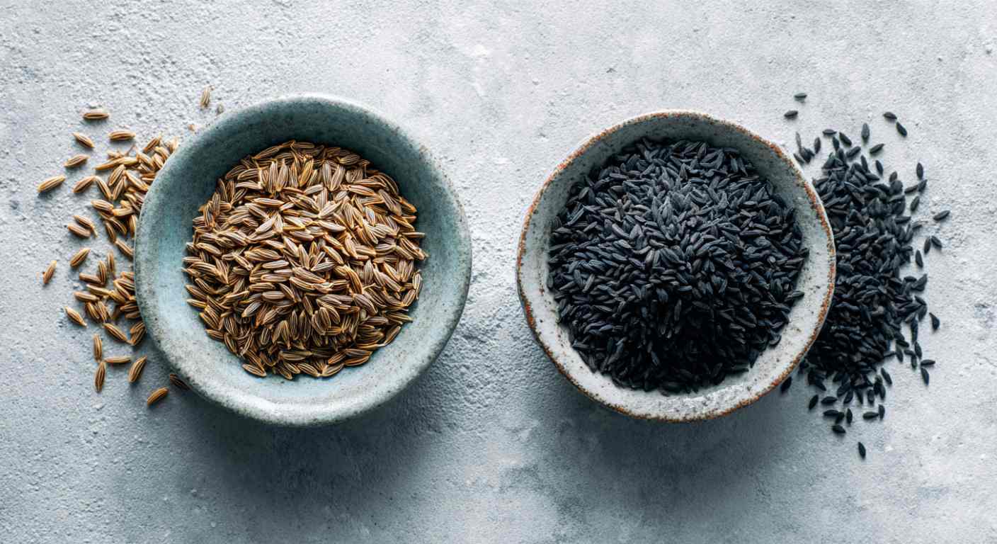 2 schaaltje op een licht grijze achtergrond. een schaaltje gevuld met komijn en de andere met zwarte komijn