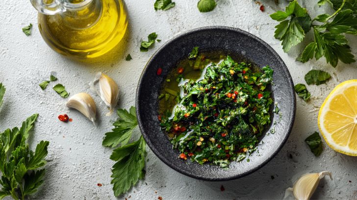 resh homemade chimichurri in a small matte ceramic bowl on a cool pale stone surface. The chimichurri is vibrant green with visible chopped flat-leaf parsley, fresh oregano, minced garlic, red chilli flakes, and glossy olive oil pooling slightly on top. A