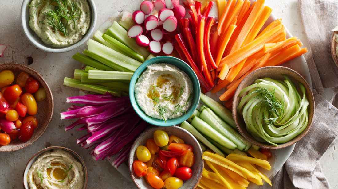 crudite platter with carrots, cucumber, radishes, tomatoes and a low calorie dip sauce