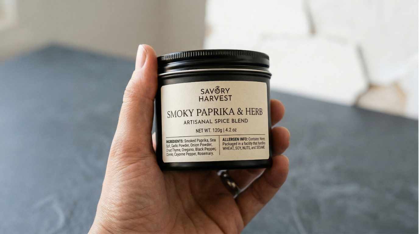 Een close-up van een hand die een etiket vasthoudt op een donkere pot met een kruidenmix.