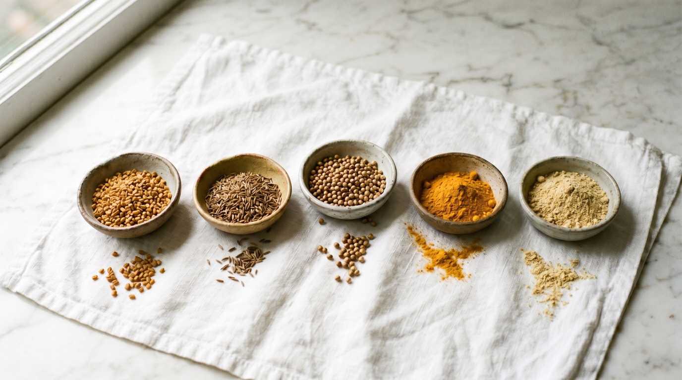 fenegriek, komijn, gember, kurkuma en koriander in schaaltjes