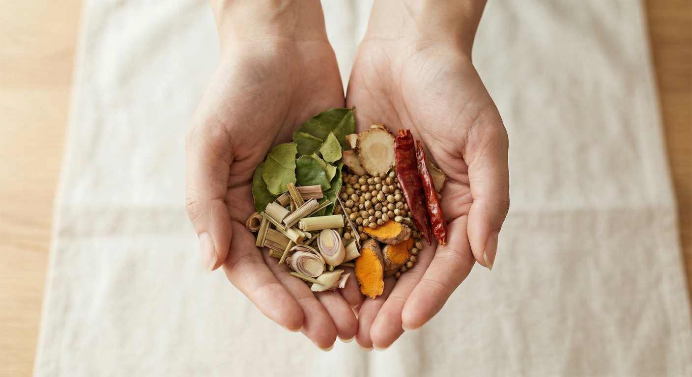 top view van 2 handen die gedroogde gedroogde indische kruiden en specerijen vasthouden