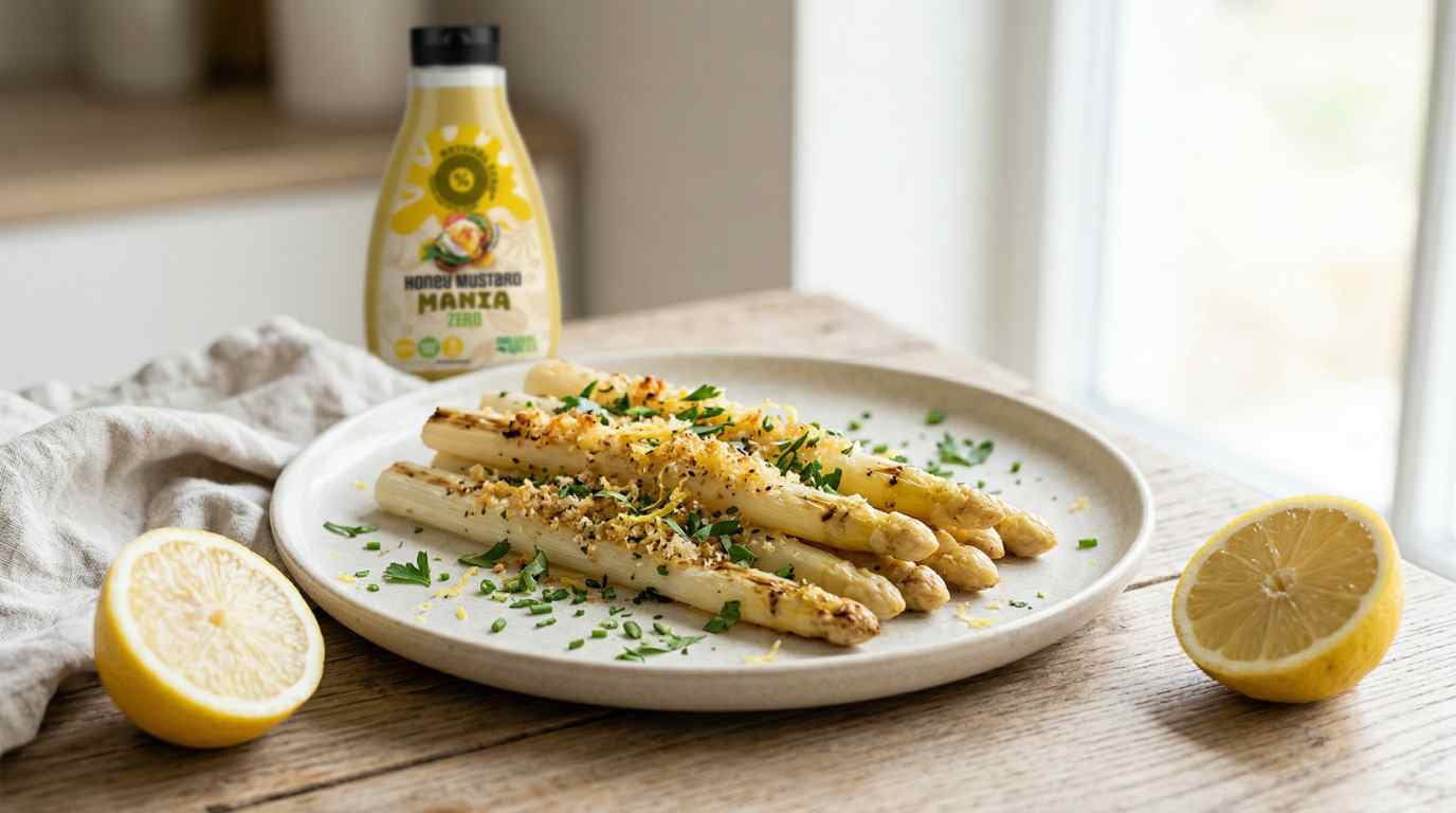 Geroosterde witte asperges met citroen, Parmezaan en krokante panko honey mustard low calorie saus