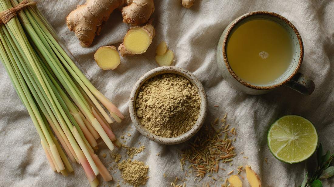 A bundle of fresh lemongrass stalks on a warm off-white linen surface, next to a small rustic ceramic bowl filled with dried ground lemongrass powder.
