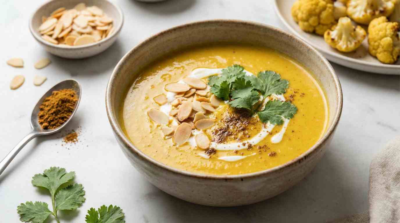 indiaase bloemkool soep met garam masala en gegarneerd met koriander