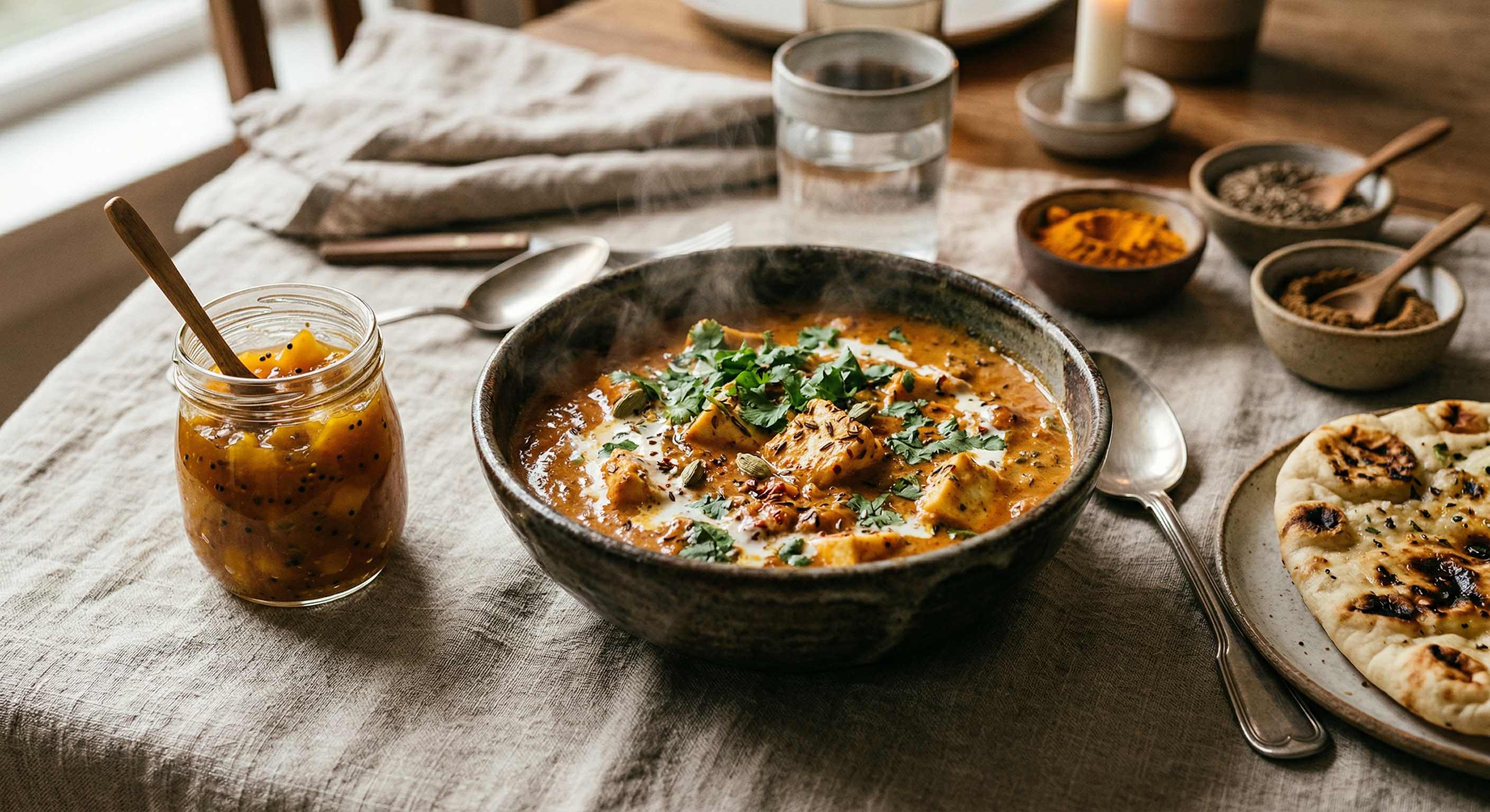  steaming Indian curry in a rustic ceramic bowl, creamy tomato-coconut sauce with visible herbs and spices, garnished with fresh coriander, served on a natural linen tablecloth. A small glass jar of homemade mango chutney with visible mango chunks and mus