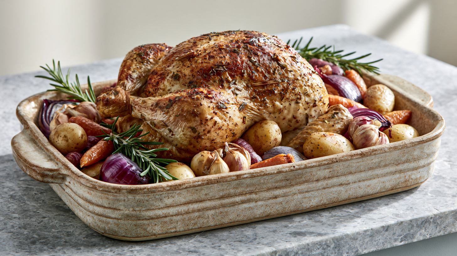 whole roasted chicken in rustic ceramic roasting dish