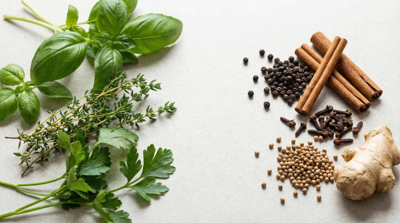 On the left: fresh green herbs like basil, thyme and parsley with visible leaves and stems. On the right: whole spices such as peppercorns, cinnamon sticks, cloves, coriander seeds and fresh ginger root.