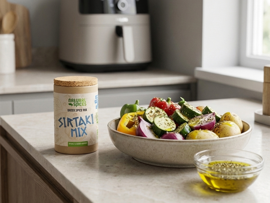 Sirtaki kruidenmix van natural spices naast een schotel met groenten