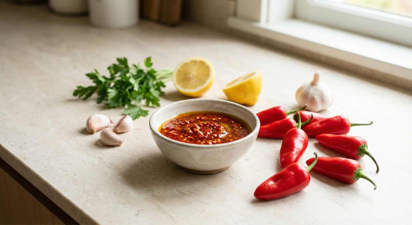 Fresh red piri piri peppers scattered on a light natural stone countertop, small ceramic bowl filled with vibrant red piri piri sauce, visible chili flakes and olive oil sheen. Fresh garlic cloves, lemon halves and a small bunch of parsley subtly styled a