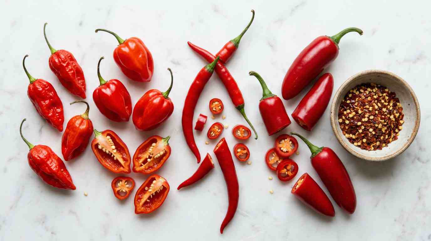 verschillende soorten rode chilipepers