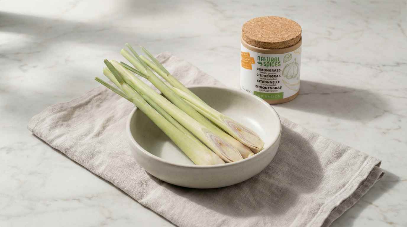 verse sereh (citroengras) in een aardewerk schaal naast een potje gedroogde sereh kruiden van Natural Spices