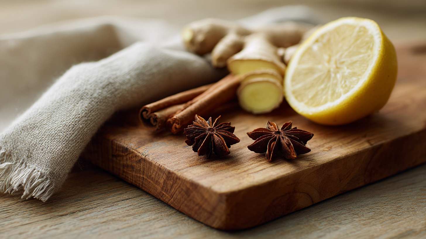 An olive wood chopping board with four whole star anise, a cinnamon stick, three slices of fresh ginger and a halved lemon arranged naturally.
