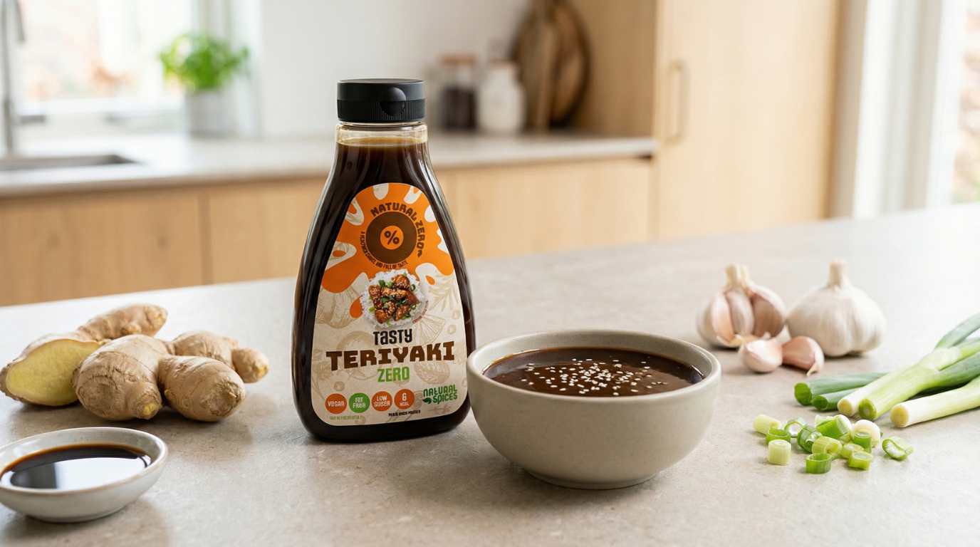 tasty teriyaki saus and homemade teriyaki naast elkaar op het aanrecht in de keuken