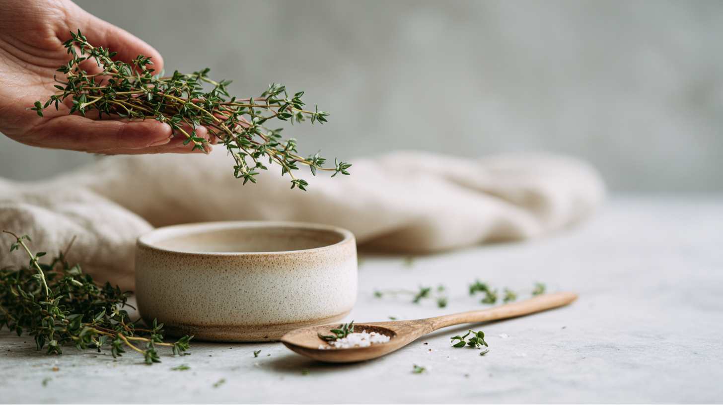 Fresh thyme sprigs held by hand above a ceramic bowl on a light marble surface, styled in a minimalist Scandinavian kitchen setting with soft natural light, a linen cloth in the background, and a wooden spoon with coarse salt in the foreground.