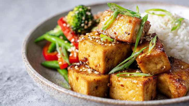 Close-up of golden brown crispy tofu cubes pan-fried in a light coating of oil, arranged in a shallow ceramic bowl. The tofu has a slightly caramelised exterior with visible five-spice seasoning. Served alongside stir-fried vegetables (broccoli, red bell 