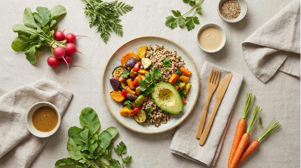 Vegetarische bowl met quinoa, geroosterde groenten en halve avocado op een beige linnen tafel, omringd door verse radijsjes, wortels, kruiden en kleine schaaltjes dressing,