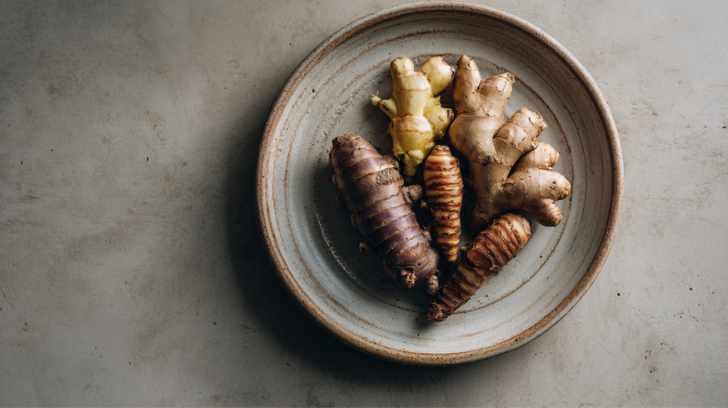 een aardewerk bord met gember wortel en galanga (laos)