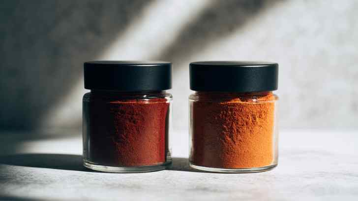 2 potjes paprika poeder. Een met gerookt paprika poeder en 1 normale gemalen paprika poeder