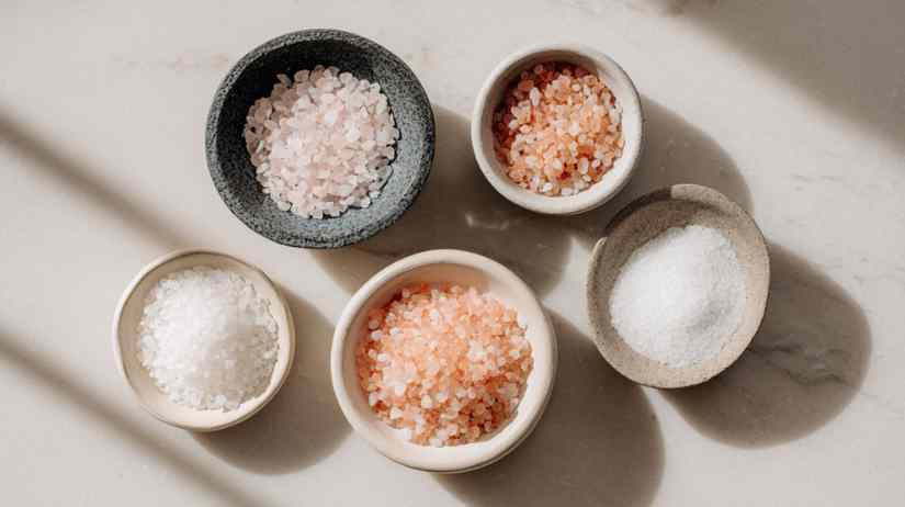 verschillende soorten zout in schaaltjes: zeezout, Himalayazout, Keltisch zeezout, fleur de sel, kosher zout