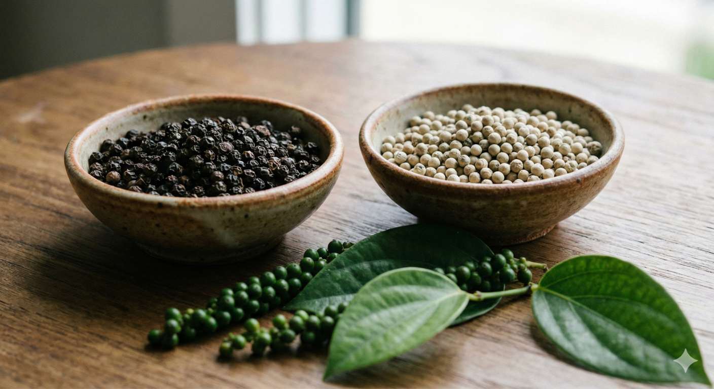 2 kleine schaaltjes op een tafel. het ene schaaltje is gevuld met hele zwarte peper. de andere met witte peperkorrels