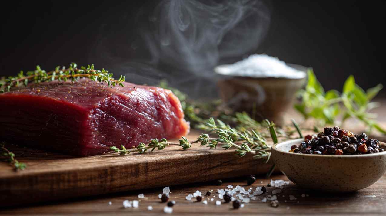 Raw venison steak on a wooden cutting board, surrounded by fresh thyme, rosemary, crushed juniper berries, black peppercorns and bay leaves, a small ceramic bowl with coarse sea salt,
