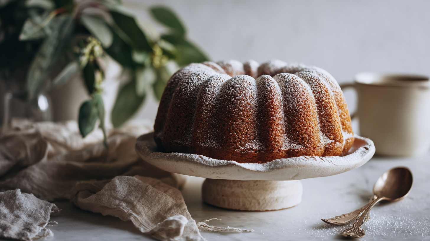 freshly baked bundt cake (Dutch tulband) lightly dusted with powdered sugar, placed on a ceramic cake stand,