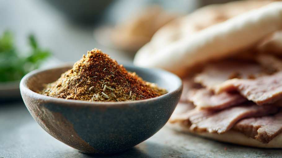 homemade shoarma spices in a small matte ceramic bowl on a pale stone surface. Visible ground cumin, coriander, paprika and a hint of chili flakes.