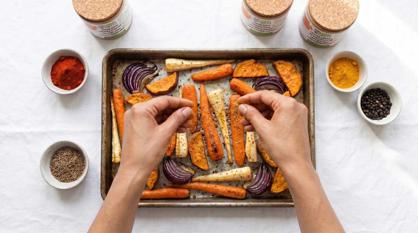 Hands sprinkling herbs over a tray of roasted carrots, parsnips and red onion, surrounded by small bowls of colourful spices on a light marble surface in a bright, minimalist kitchen setting